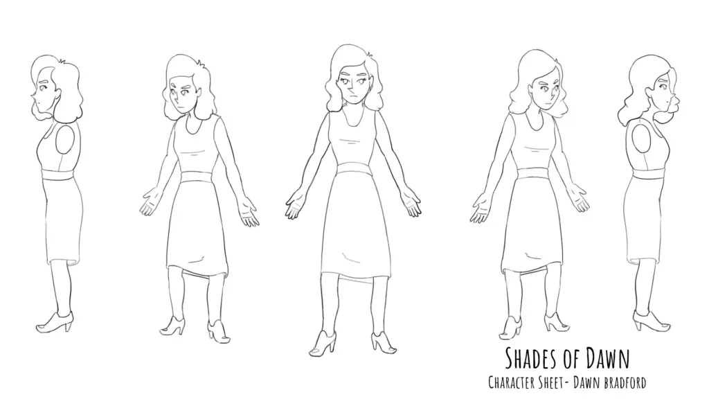 Shades of Dawn Character Model Sheet Dawn Bradford Dress Turnaround