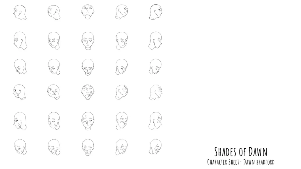 Shades of Dawn Character Model Sheet Dawn Bradford Head Turnaround