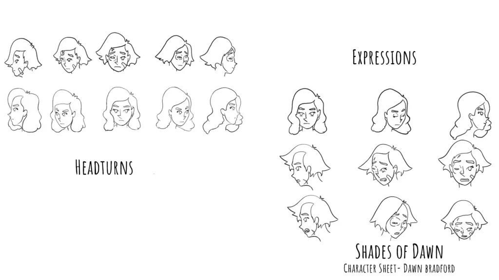 Shades of Dawn Character Model Sheet Dawn Bradford Expressions & Turnaround